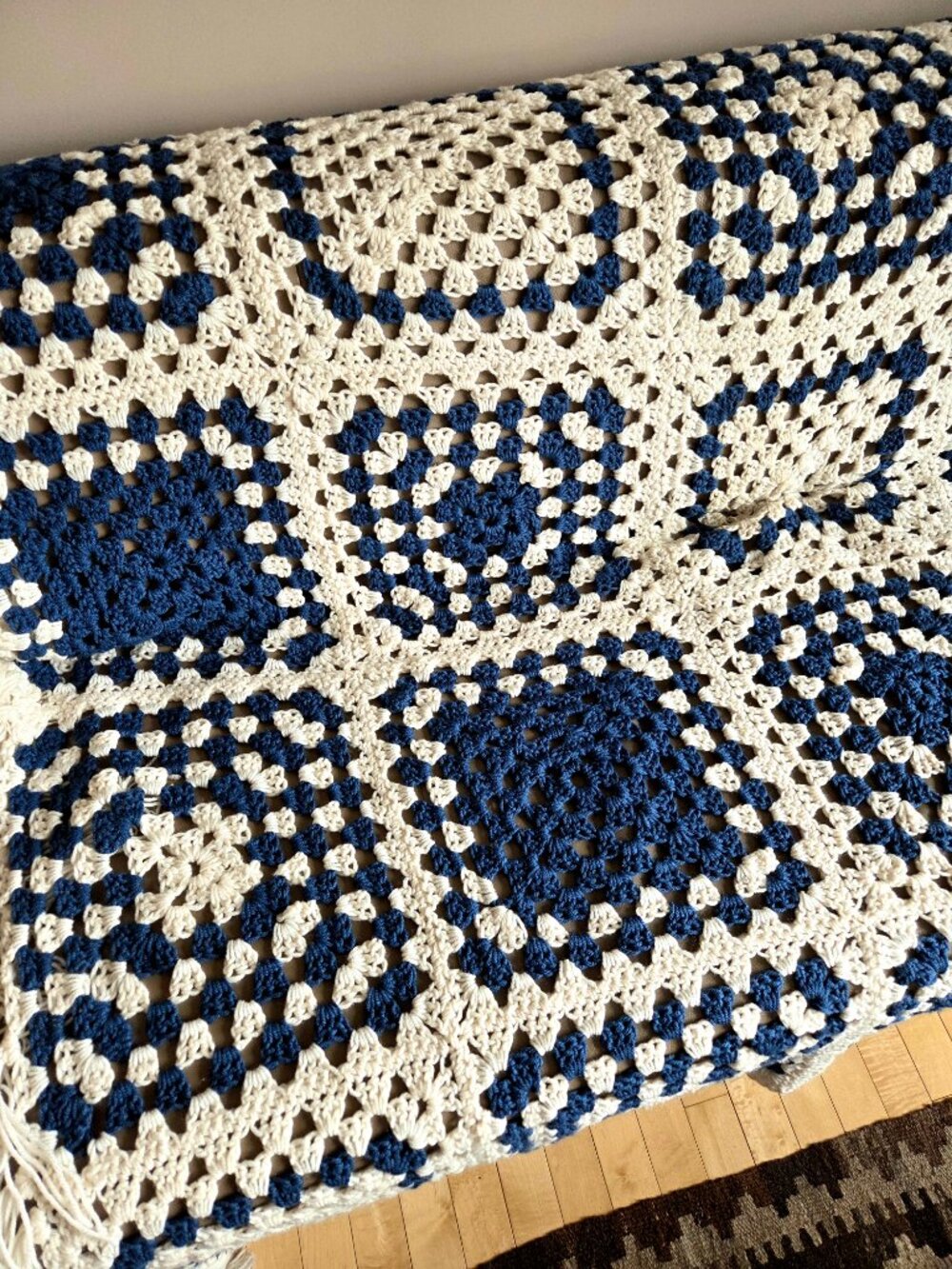 Large Handmade Granny Square Throw Afghan Blanket Blue Beige Boho Cozy Fringes - Picture 2 of 7